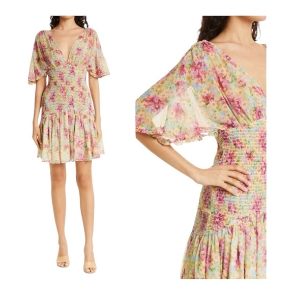 BY TIMO Beige Floral Smocked Bat Sleeve Chiffon Mini Dress Large Short Dress - Picture 1 of 11
